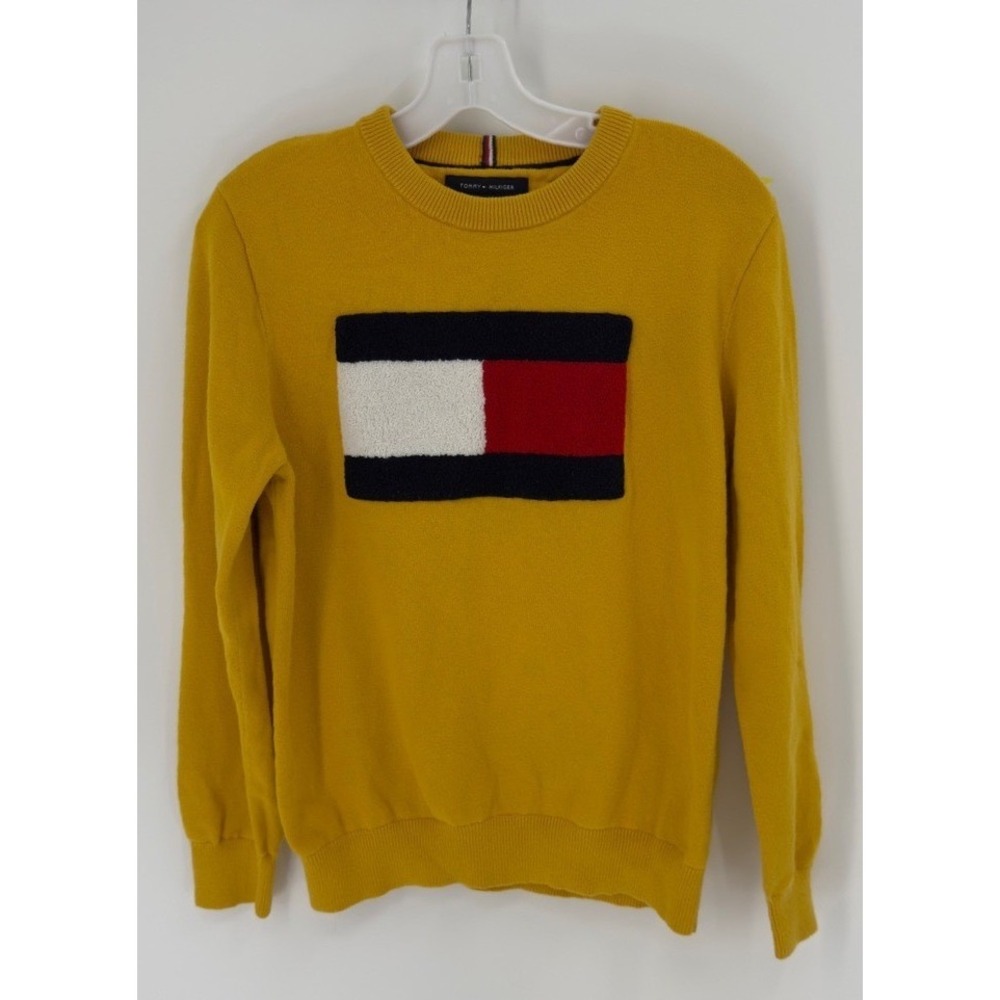 Tommy‎ Hilfiger Womens Yellow Chenille Flag Crewneck Cotton Sweater 78D9024 S
